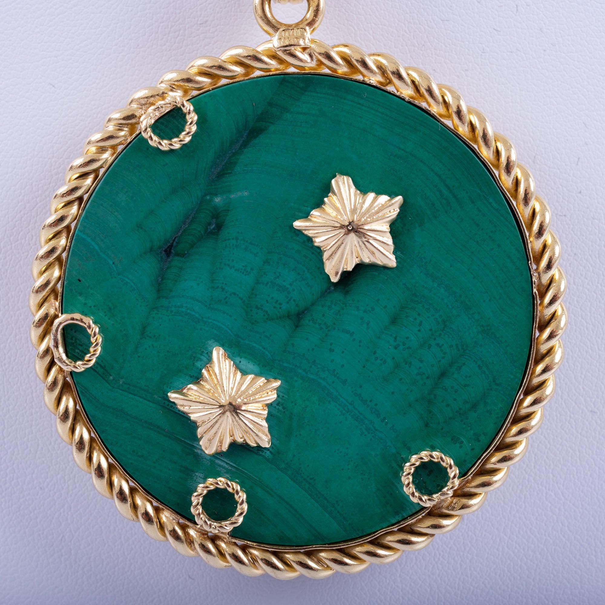 Estate Jewelry Van Cleef & Arpels Gemini 18K Gold Malachite Pendant Necklace, Circa 1950S-60S