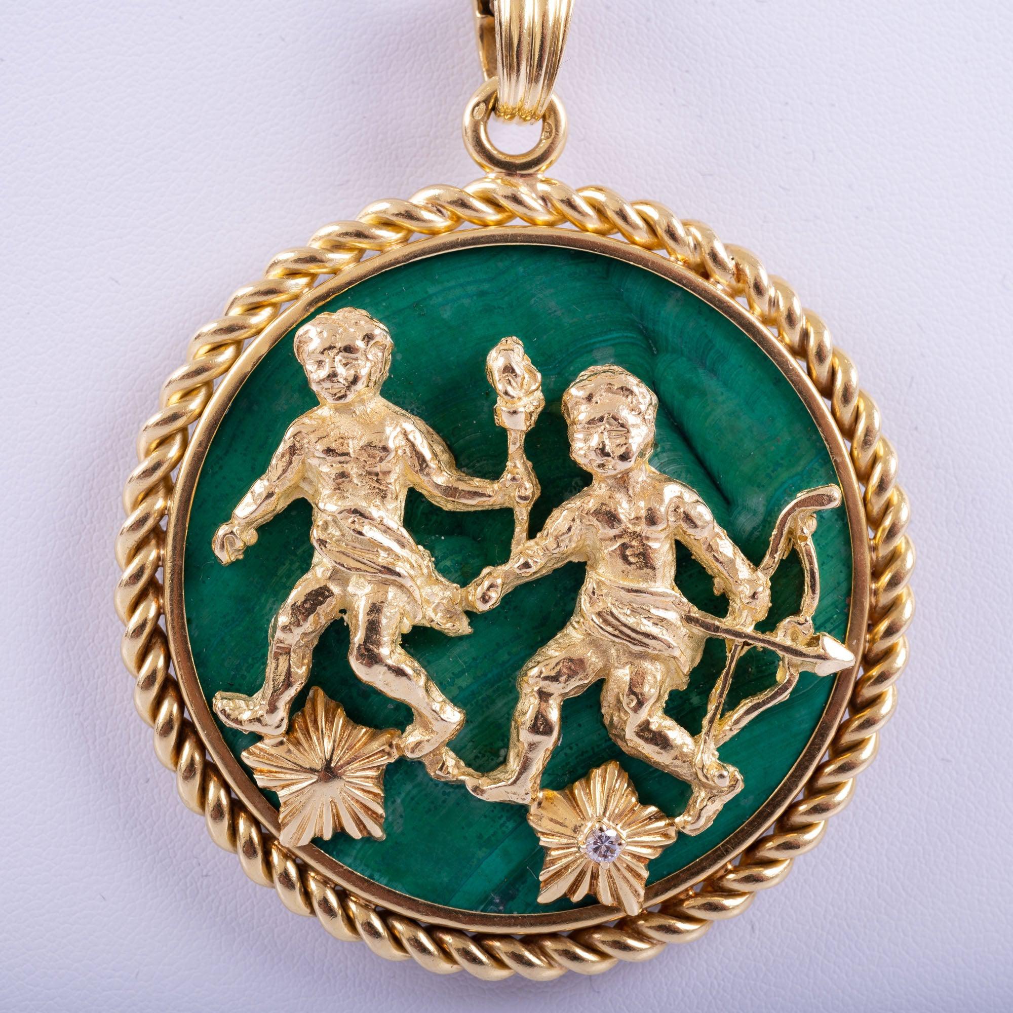 Estate Jewelry Van Cleef & Arpels Gemini 18K Gold Malachite Pendant Necklace, Circa 1950S-60S