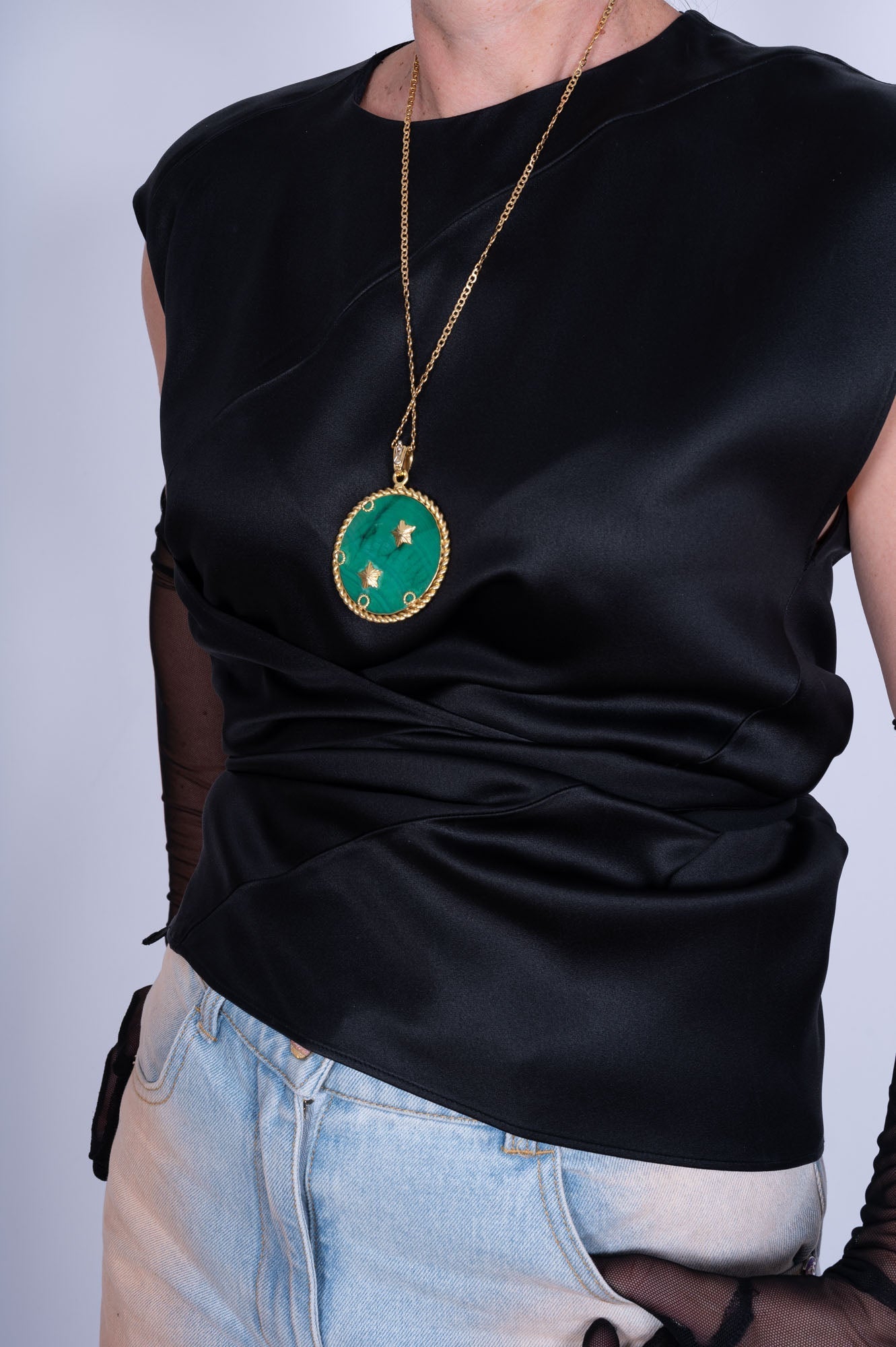 Estate Jewelry Van Cleef & Arpels Gemini 18K Gold Malachite Pendant Necklace, Circa 1950S-60S