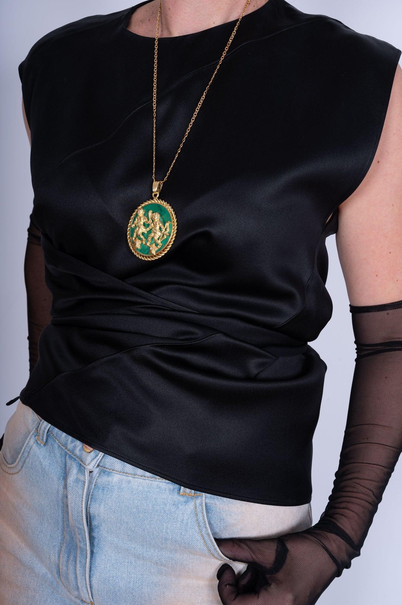 Estate Jewelry Van Cleef & Arpels Gemini 18K Gold Malachite Pendant Necklace, Circa 1950S-60S