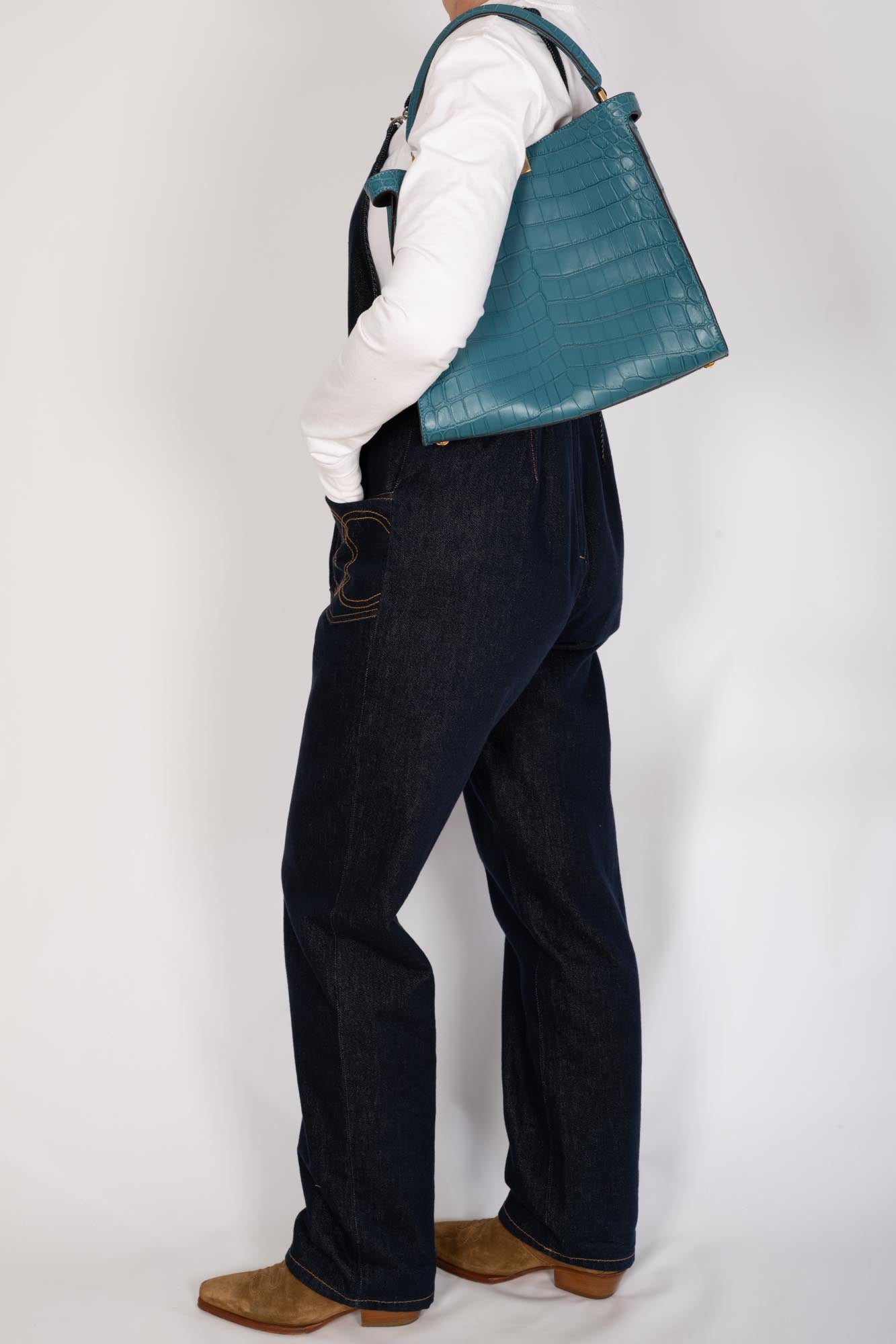 Fendi Peekaboo X-Lite Large Soft Matte Turquoise Crocodile Gold Hardware