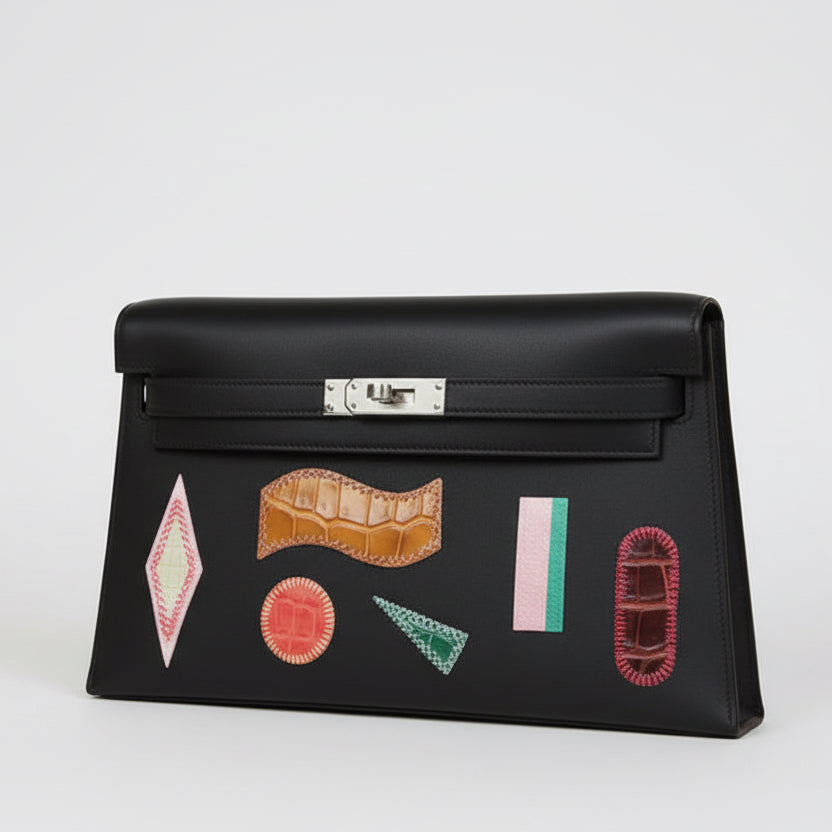 Hermès Kelly Élan Broderie Collage Noir Swift, Shiny Niloticus Crocodile and Alligator Palladium Hardware