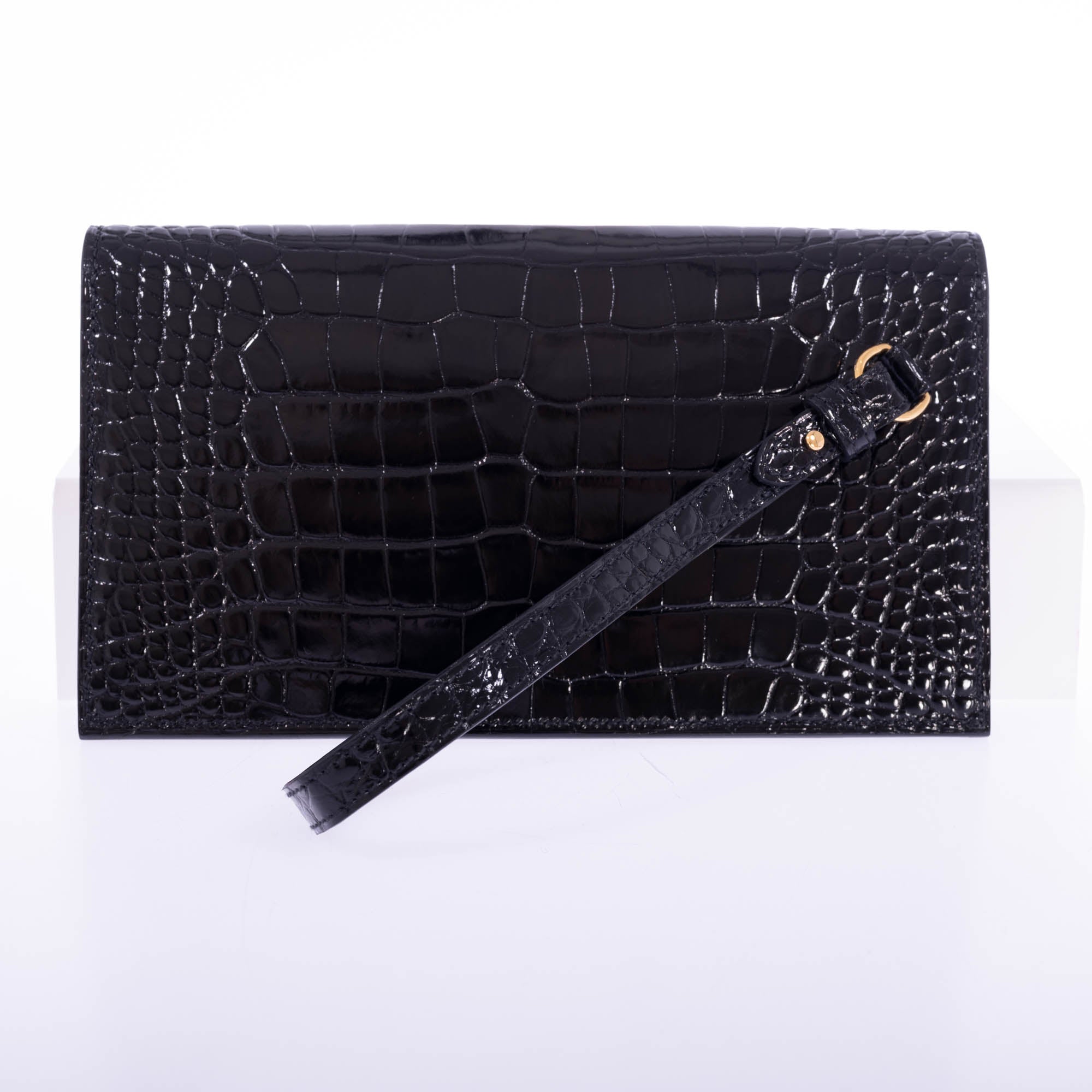 Hermees Kelly Pocket Long Wallet Black Alligator Gold Hardware