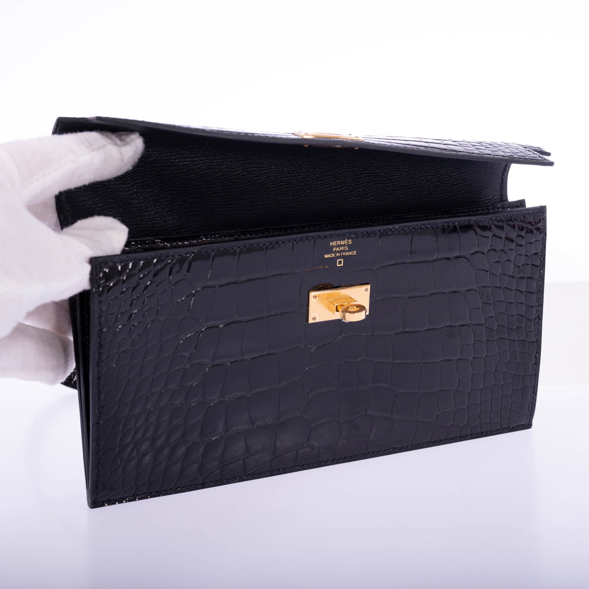 Hermees Kelly Pocket Long Wallet Black Alligator Gold Hardware