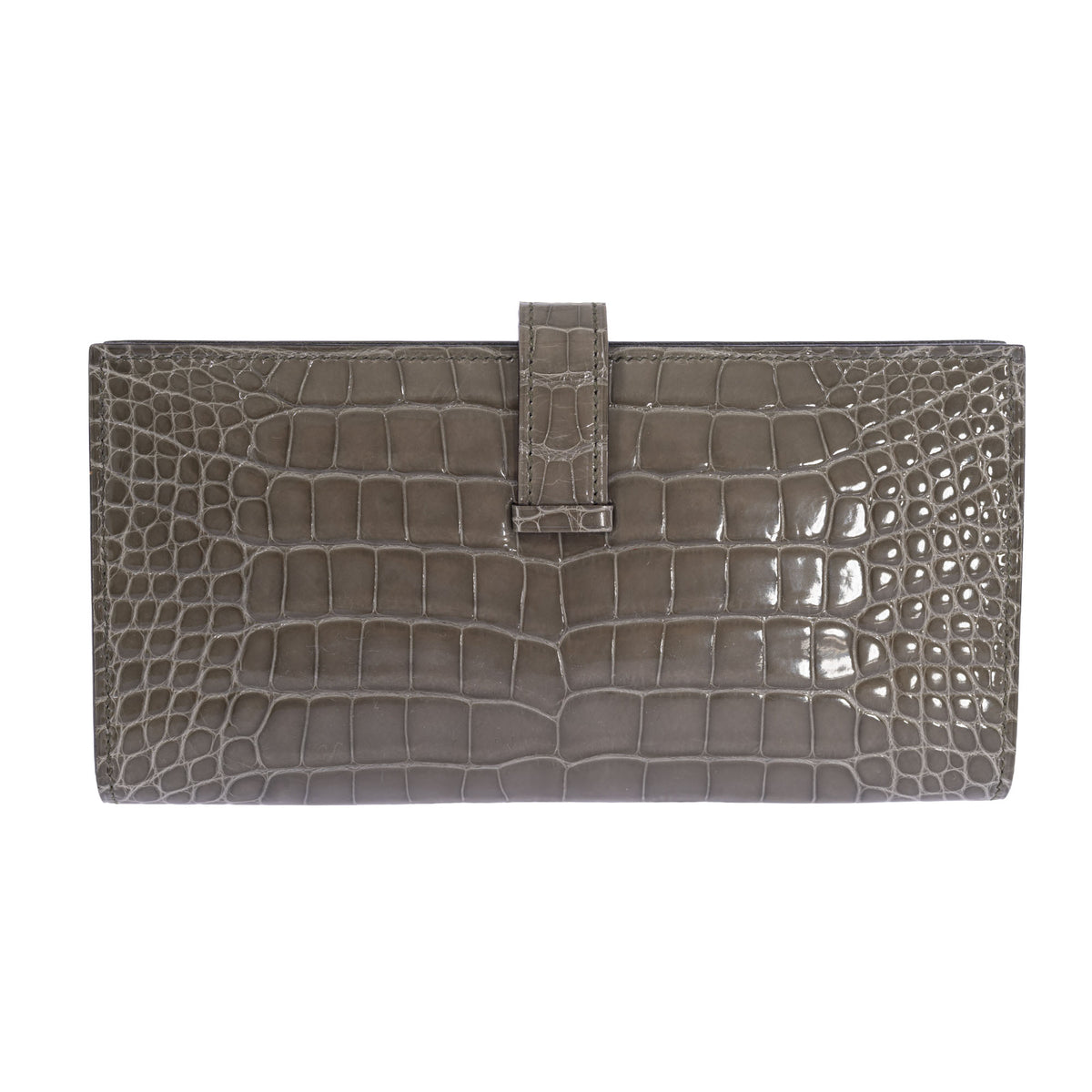 Hermès Béarn Soufflet Gris Ciment Shiny Alligator Palladium Hardware, back view