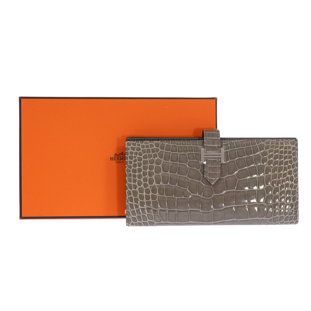 Hermès Béarn Soufflet Gris Ciment Shiny Alligator Palladium Hardware, with its original Hermès box