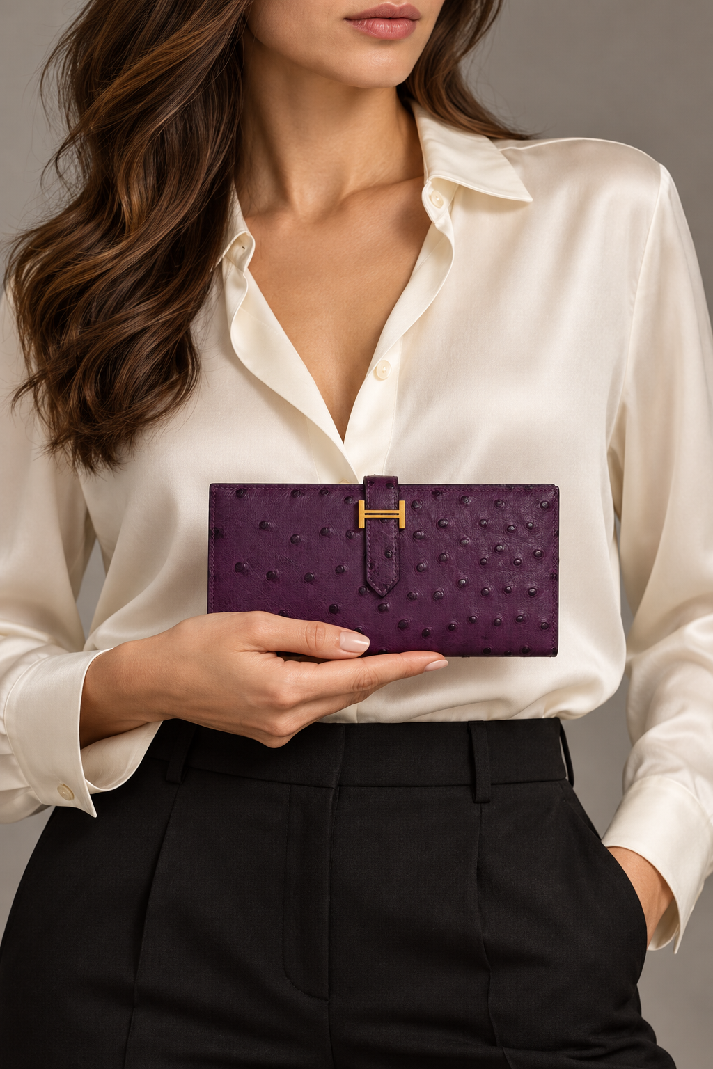 Hermès Béarn Wallet Violine Ostrich Gold Hardware, held by a model