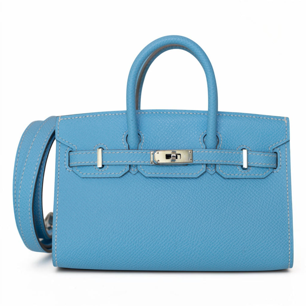 Hermès Birkin 15 Micro Bleu Celeste Epsom Palladium Hardware, front view, closed