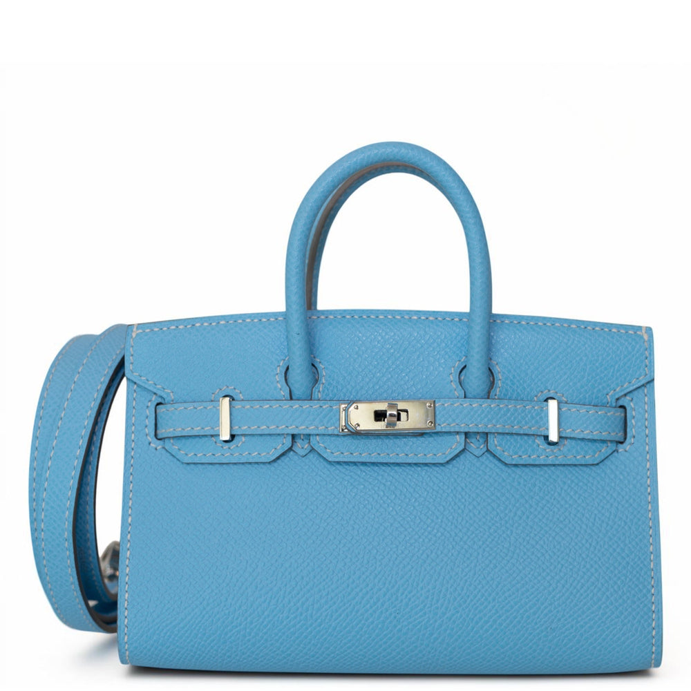 Hermès Birkin 15 Micro Bleu Celeste Epsom Palladium Hardware, front view, closed