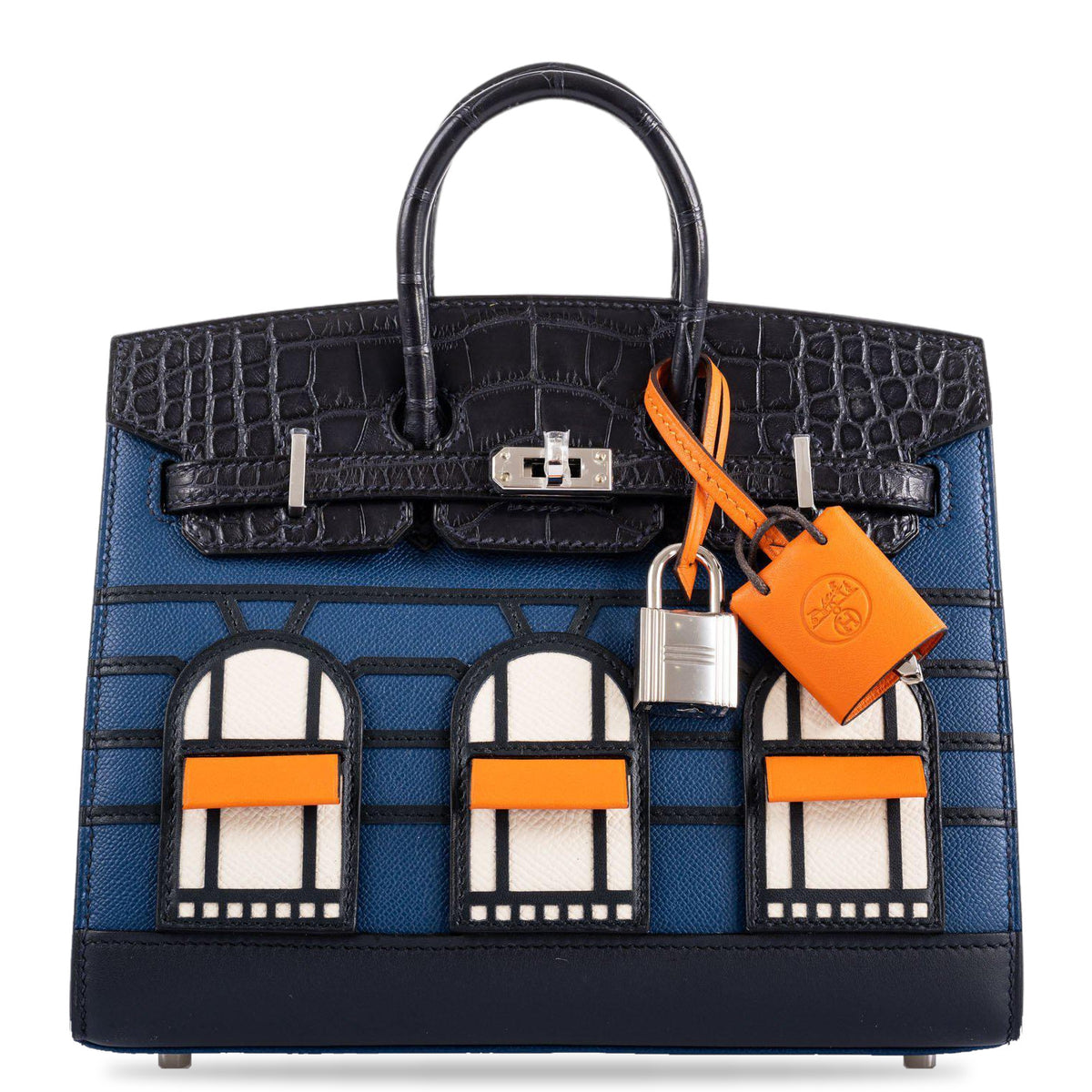 Hermès Birkin 20 Sellier Faubourg Blue Madame, Crocodile, Epsom, Sombrero and Swift Palladium Hardware, front view, closed with lock and clochette