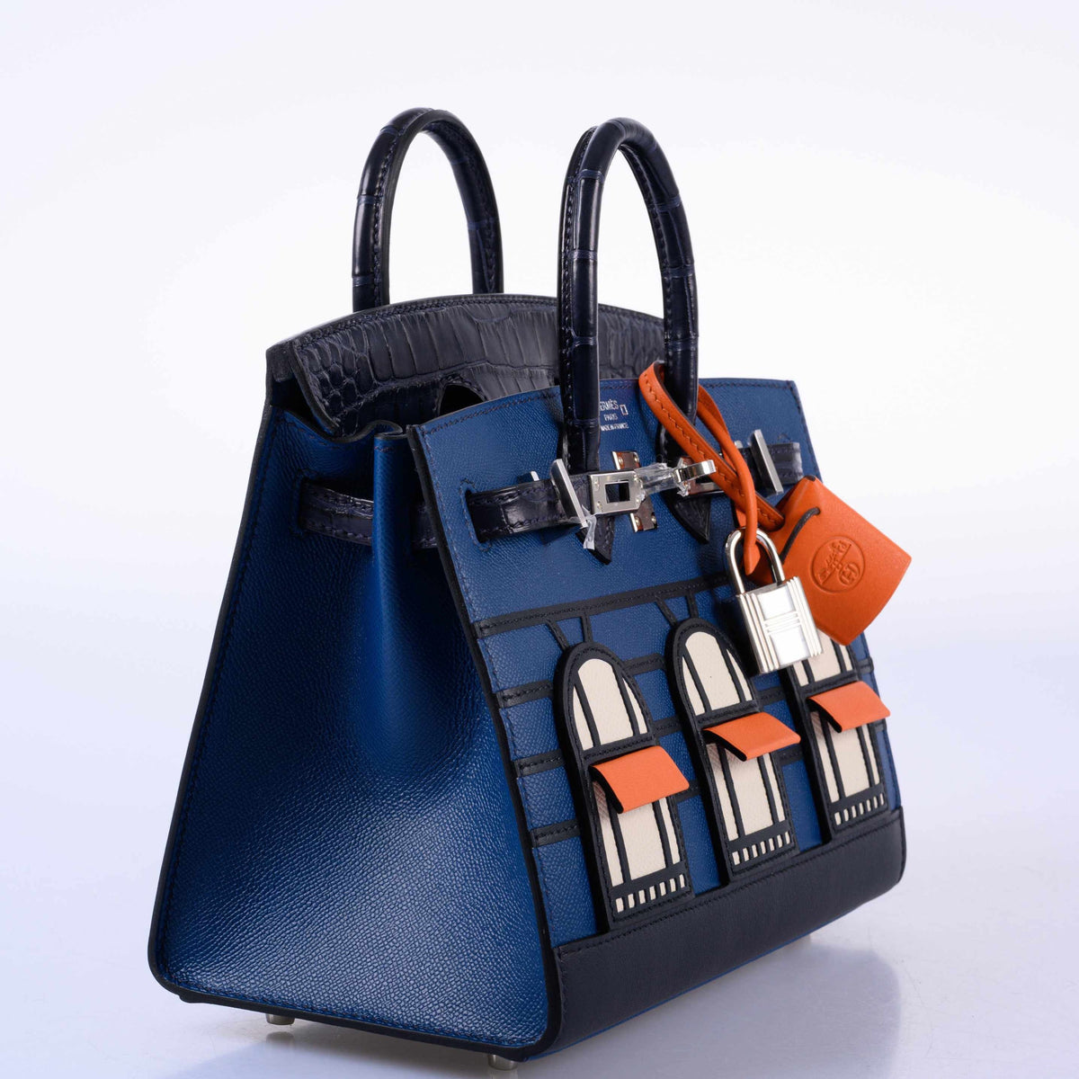 Hermès Birkin 20 Sellier Faubourg Blue Madame, Crocodile, Epsom, Sombrero and Swift Palladium Hardware, angled view from the right