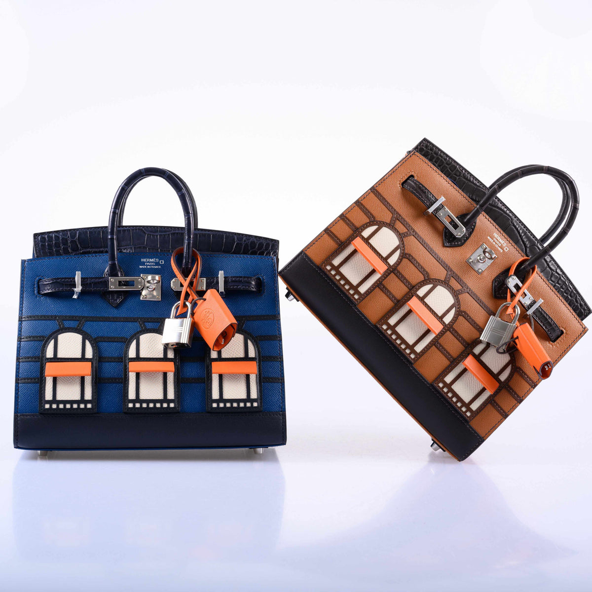 Hermès Birkin 20 Sellier Faubourg Blue Madame, Crocodile, Epsom, Sombrero and Swift Palladium Hardware, beside the Faubourg Day edition, sold separately