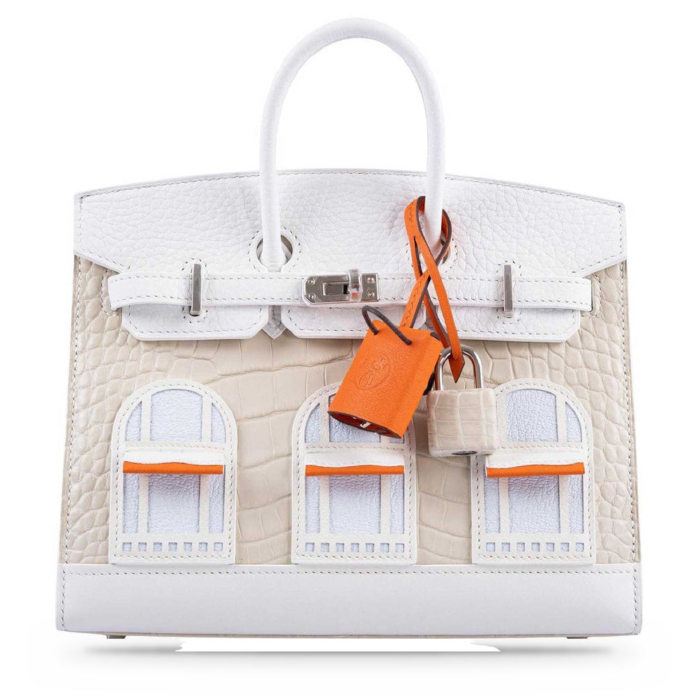 Hermès Birkin 20 Sellier Faubourg Snow Béton Matte Alligator White Togo Blue Brume Chèvre Orange H Swift Palladium Hardware, front view