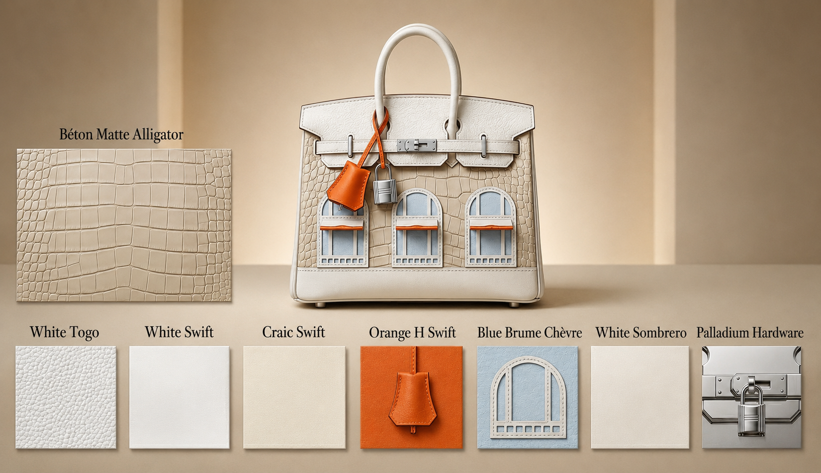 Hermès Birkin 20 Sellier Faubourg Snow Béton Matte Alligator White Togo Blue Brume Chèvre Orange H Swift Palladium Hardware