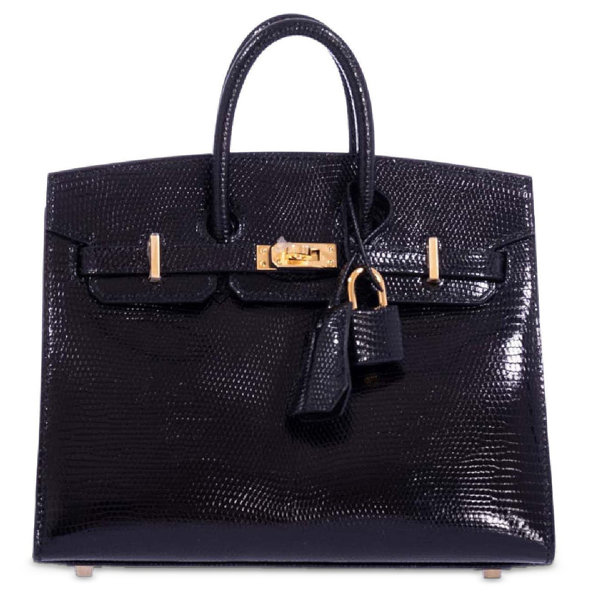 Hermès Birkin 20 Sellier Noir Shiny Varanus Niloticus Lizard Gold Hardware, front view, closed with lock and clochette