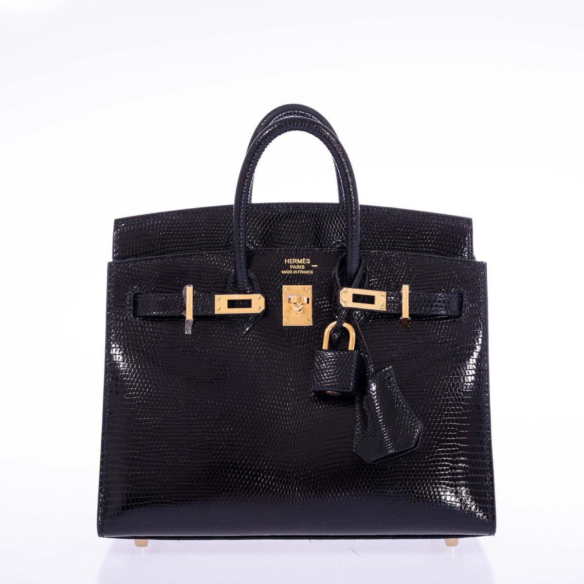 Hermès Birkin 20 Sellier Noir Shiny Varanus Niloticus Lizard Gold Hardware, front view with lock and clochette