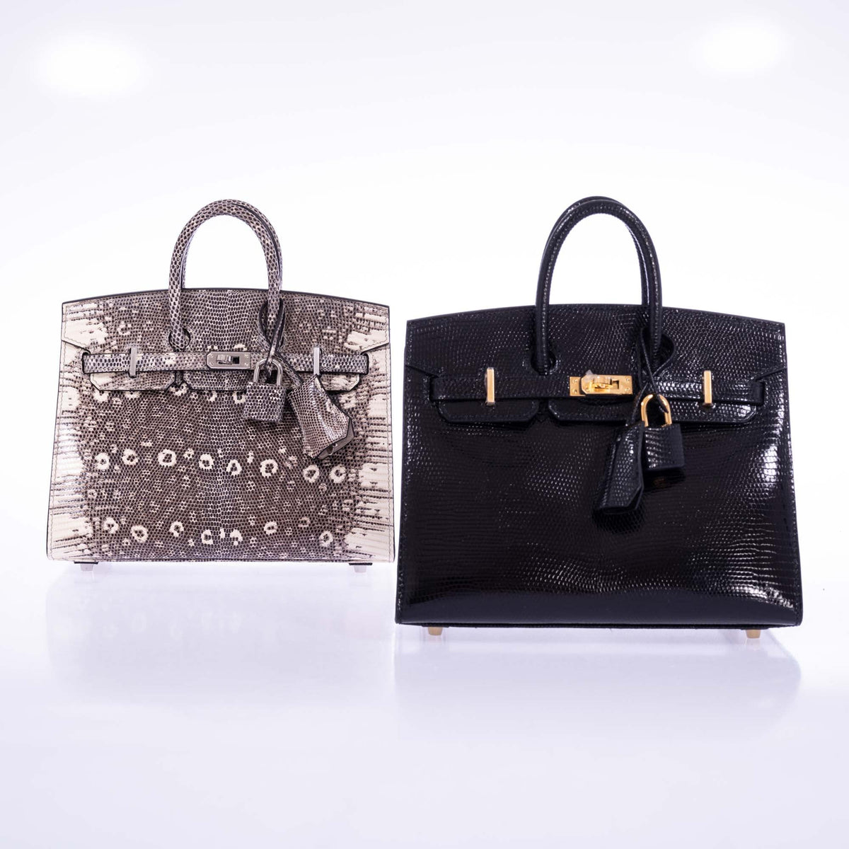 Hermès Birkin 20 Sellier Noir Shiny Varanus Niloticus Lizard Gold Hardware, beside the Birkin 20 Ombré Varanus Salvator Lizard, sold separately
