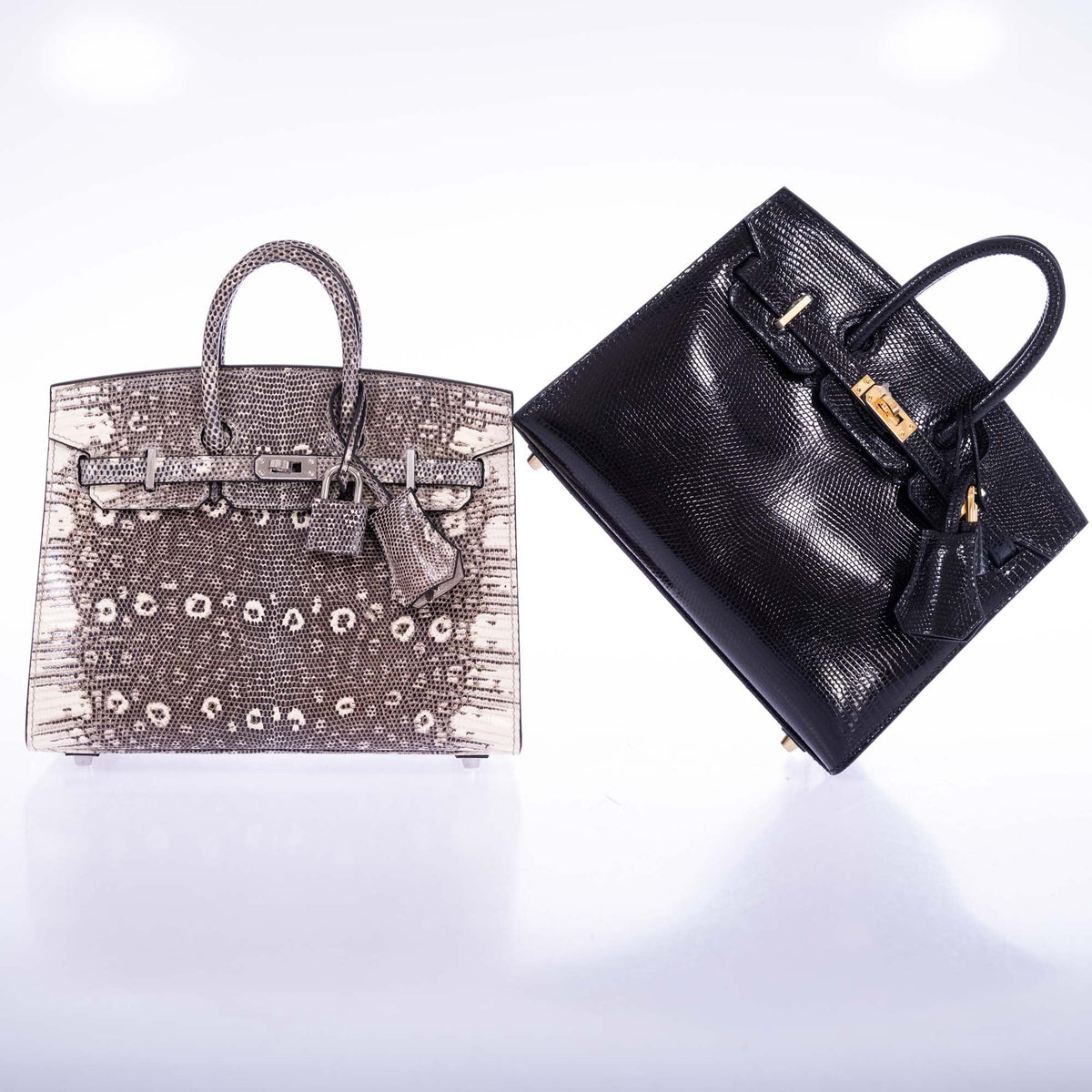 Hermès Birkin 20 Sellier Noir Shiny Varanus Niloticus Lizard Gold Hardware, tilted beside the Birkin 20 Ombré Varanus Salvator Lizard, sold separately
