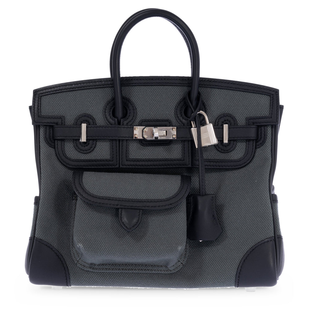 Hermès Birkin 25 Cargo Vert Mangrove Toile Goéland and Noir Swift Palladium Hardware, front view, closed, with the front flap pocket, clochette and padlock