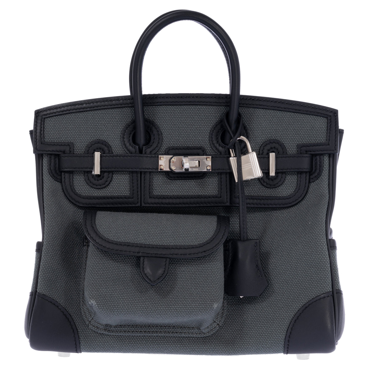 Hermès Birkin 25 Cargo Vert Mangrove Toile Goéland and Noir Swift Palladium Hardware, front view, closed, with the front flap pocket, clochette and padlock