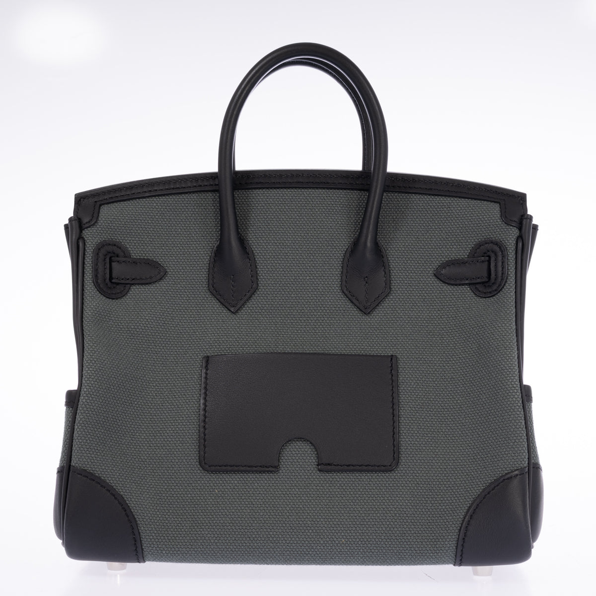 Hermès Birkin 25 Cargo Vert Mangrove Toile Goéland and Noir Swift Palladium Hardware, back view with the card pocket
