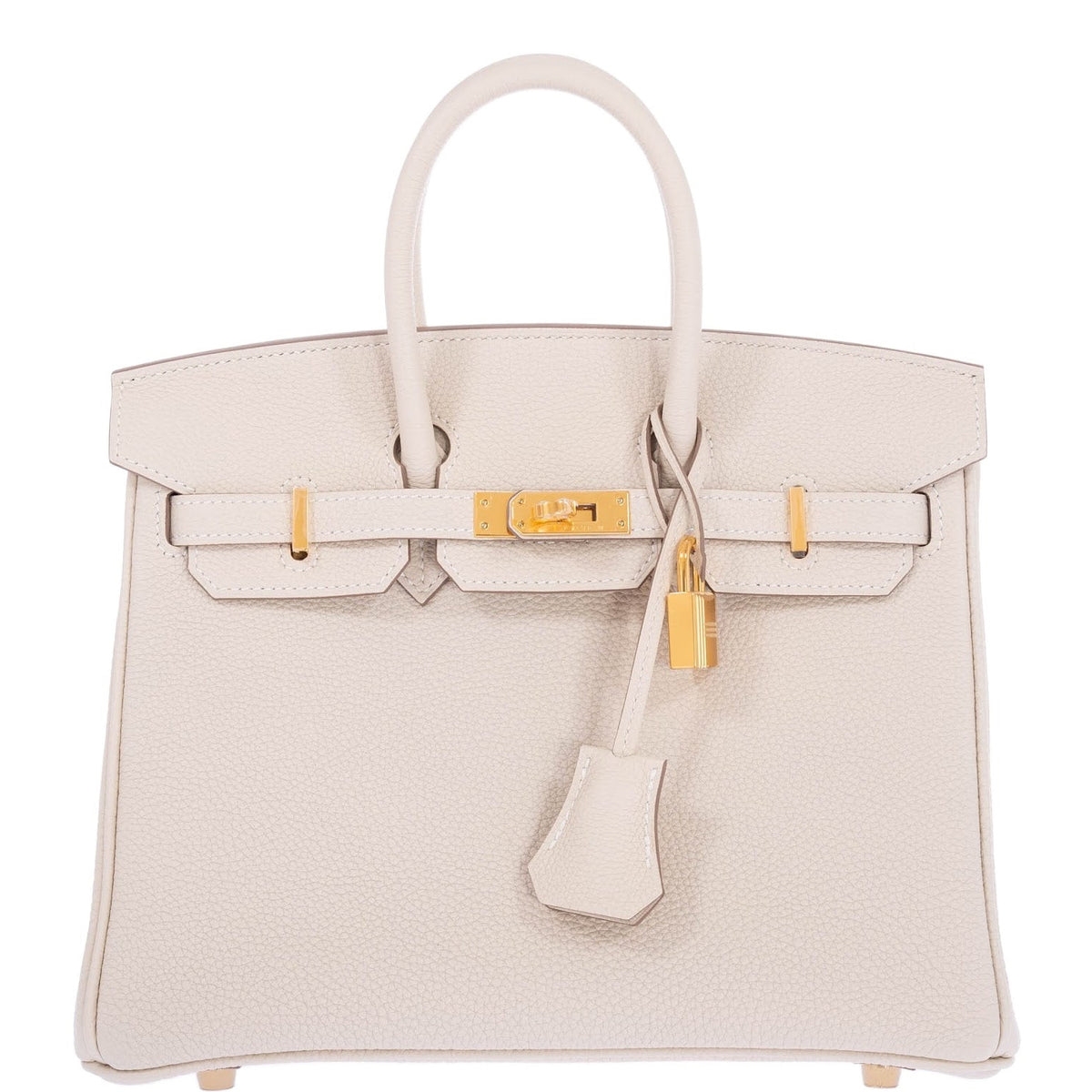 Hermès Birkin 25 Craie Togo Gold Hardware, front view, closed with lock and clochette