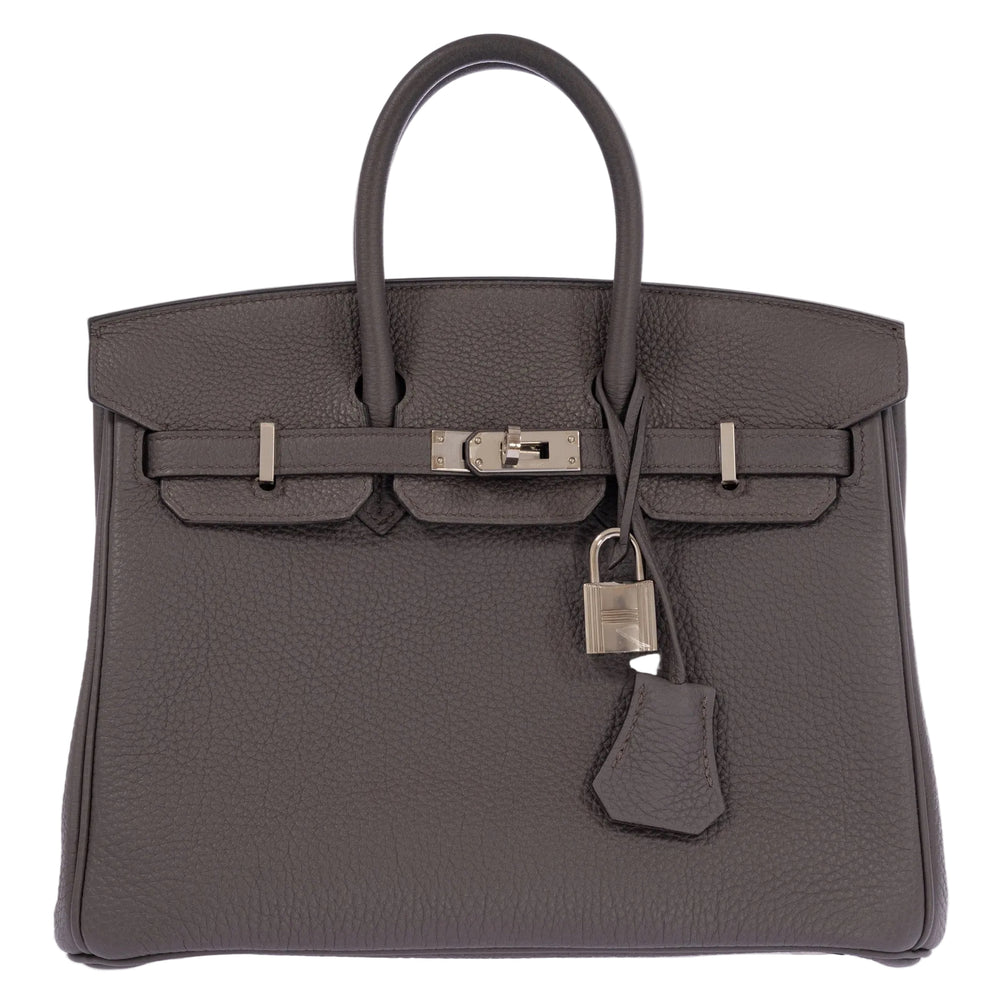 Hermès Birkin 25 Étain Togo Palladium Hardware, closed front view with padlock and clochette.
