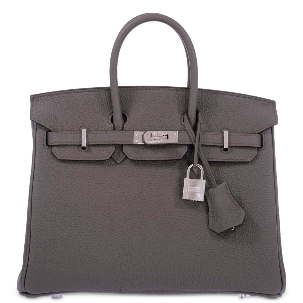 Hermès Birkin 25 Étain Togo Palladium Hardware, closed front view with padlock and clochette.
