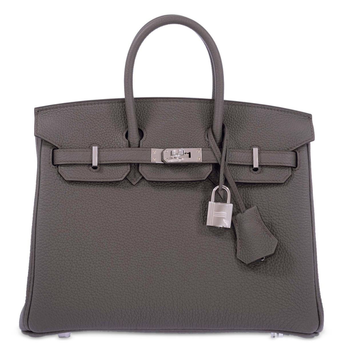 Hermès Birkin 25 Étain Togo Palladium Hardware, closed front view with padlock and clochette.