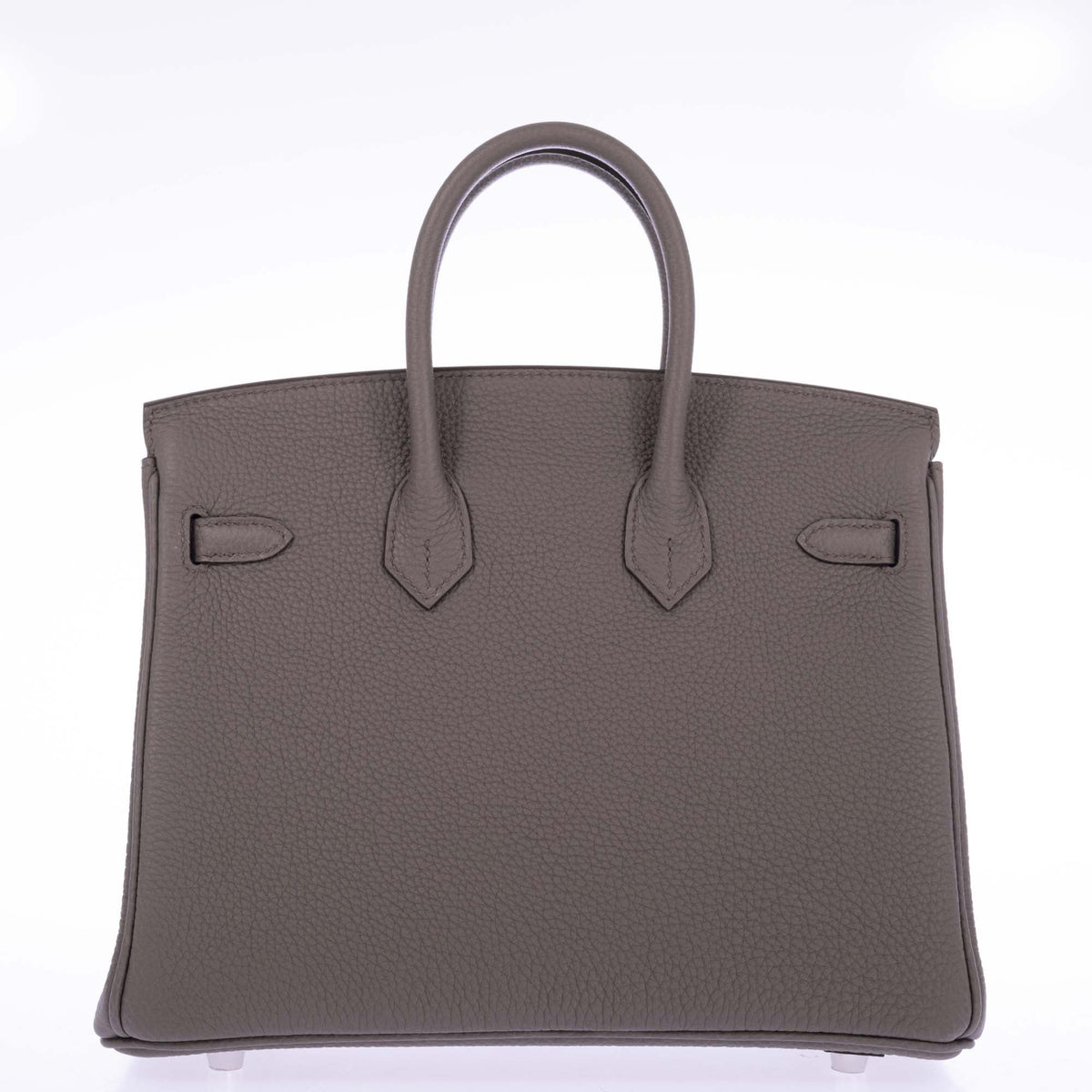 Hermès Birkin 25 Étain Togo Palladium Hardware, rear view showing handles, attachments and leather grain.