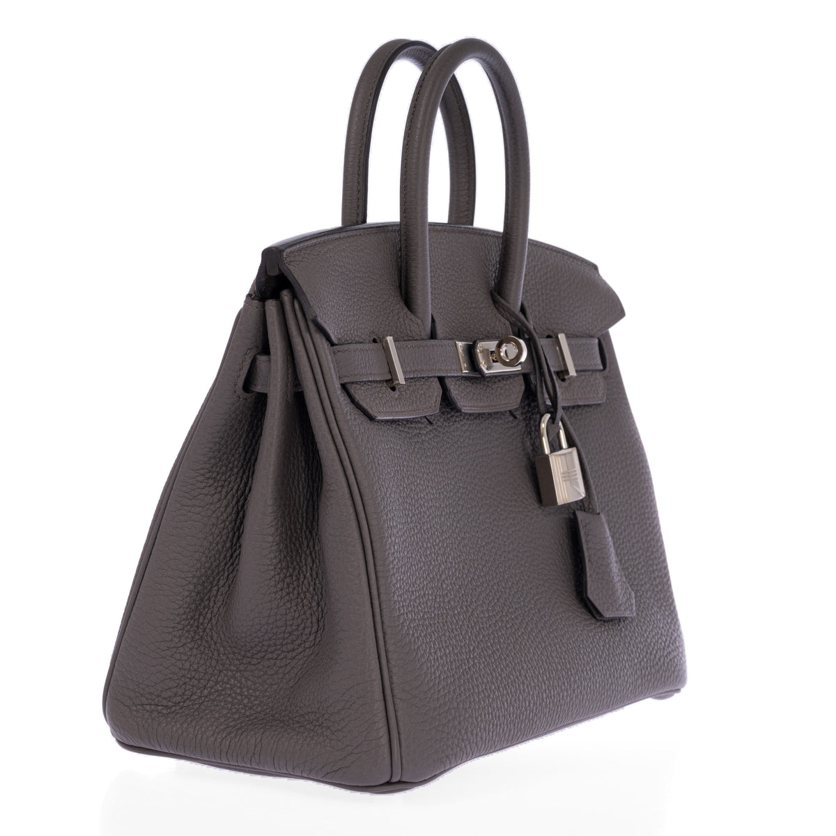 Hermès Birkin 25 Étain Togo Palladium Hardware, left three-quarter view showing the side gusset, handles and padlock.