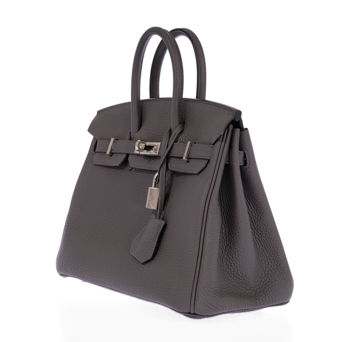 Hermès Birkin 25 Étain Togo Palladium Hardware, right three-quarter view with padlock and clochette.