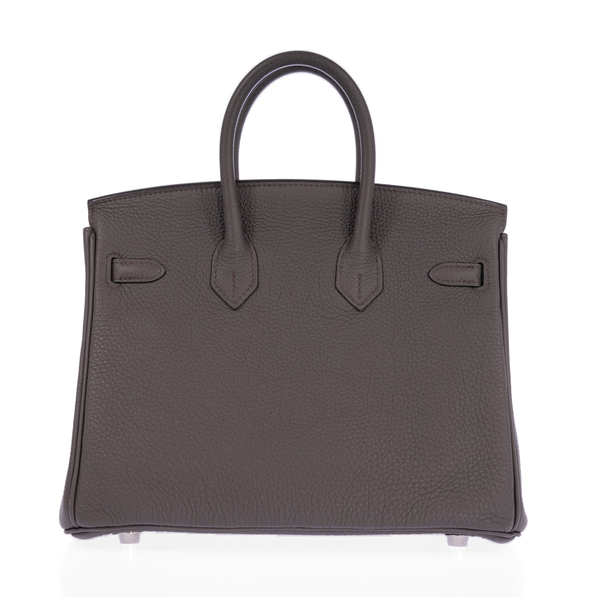 Hermès Birkin 25 Étain Togo Palladium Hardware, rear view showing the handles, attachments and Togo grain.