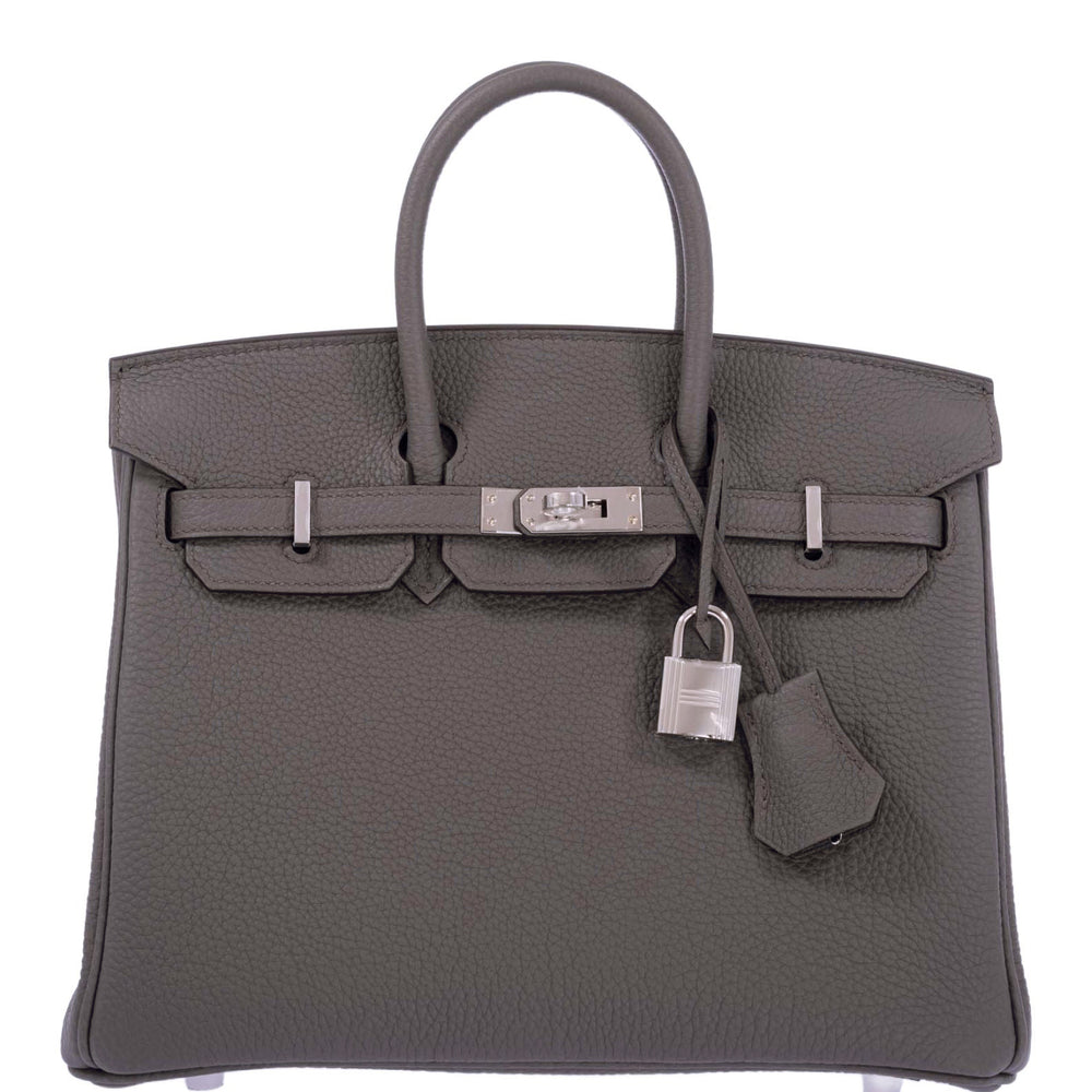 Hermès Birkin 25 Étain Togo Palladium Hardware, closed front view with padlock and clochette.