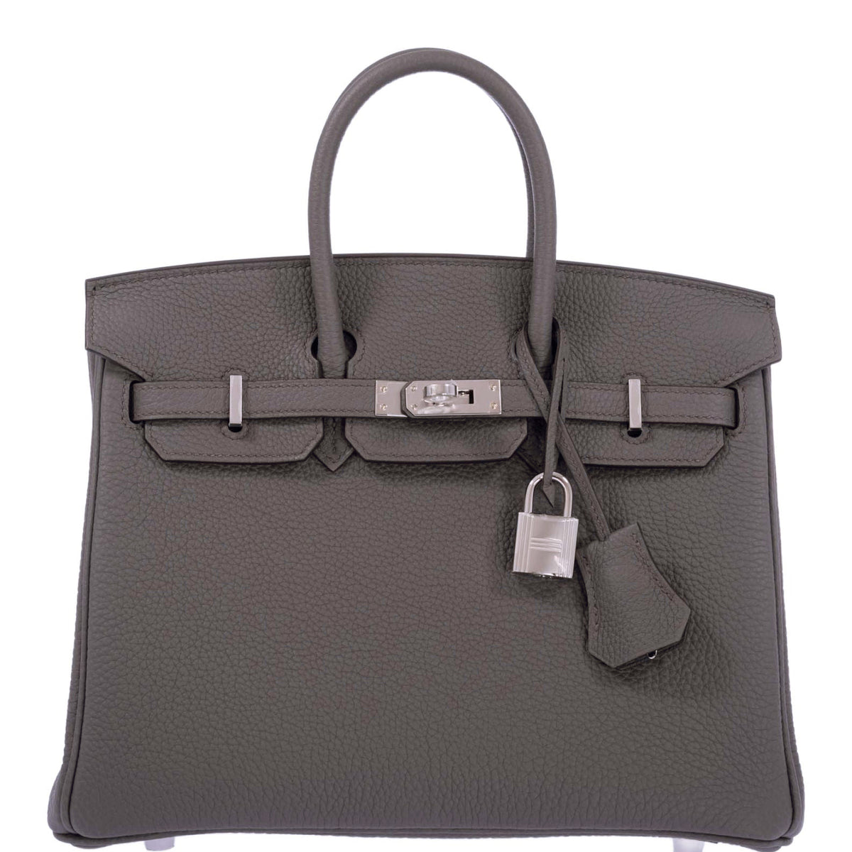 Hermès Birkin 25 Étain Togo Palladium Hardware, closed front view with padlock and clochette.