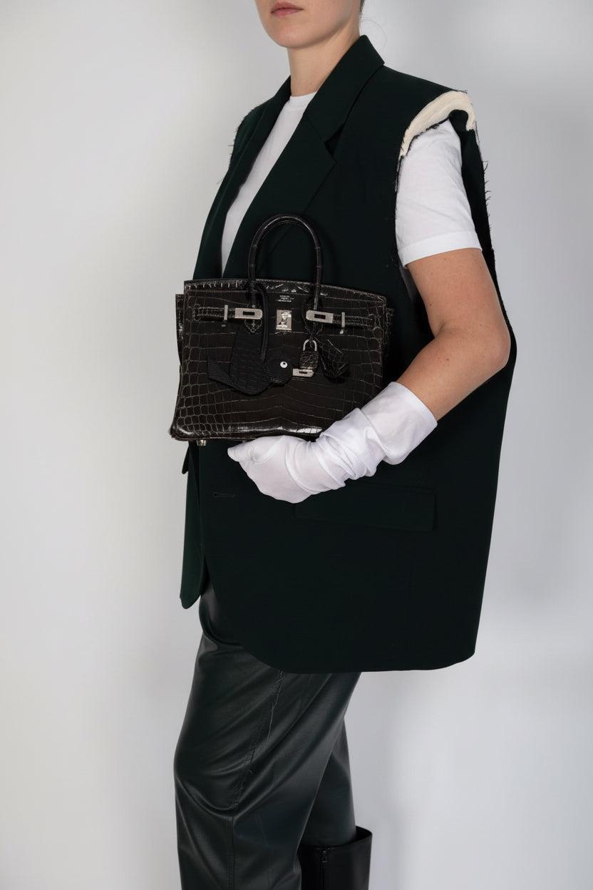Hermès Birkin 25 Graphite Shiny Niloticus Crocodile Palladium Hardware