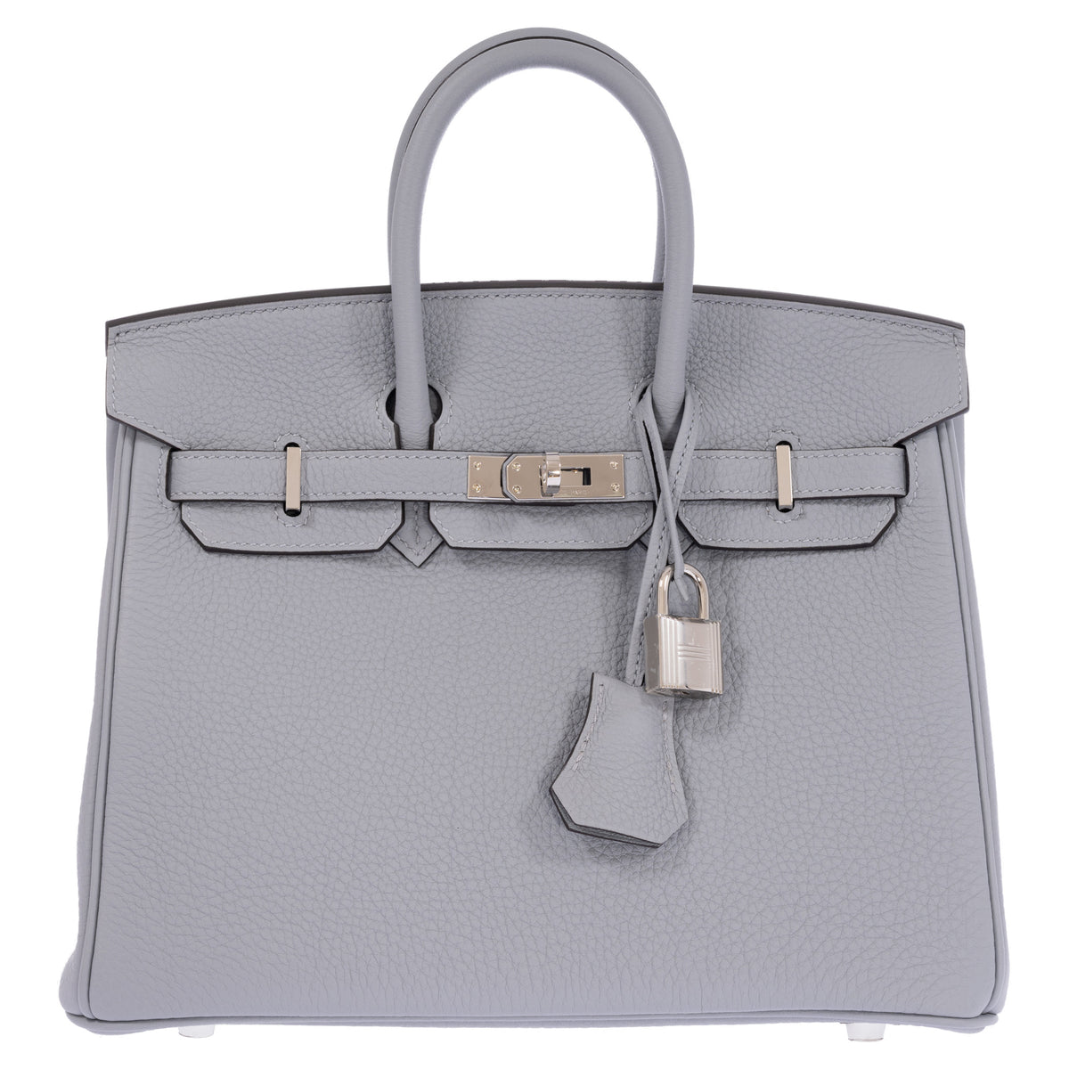 Hermès Birkin 25 Gris Meyer Togo Palladium Hardware, front view, flap closed with straps fastened at the turn-lock, padlock and clochette attached