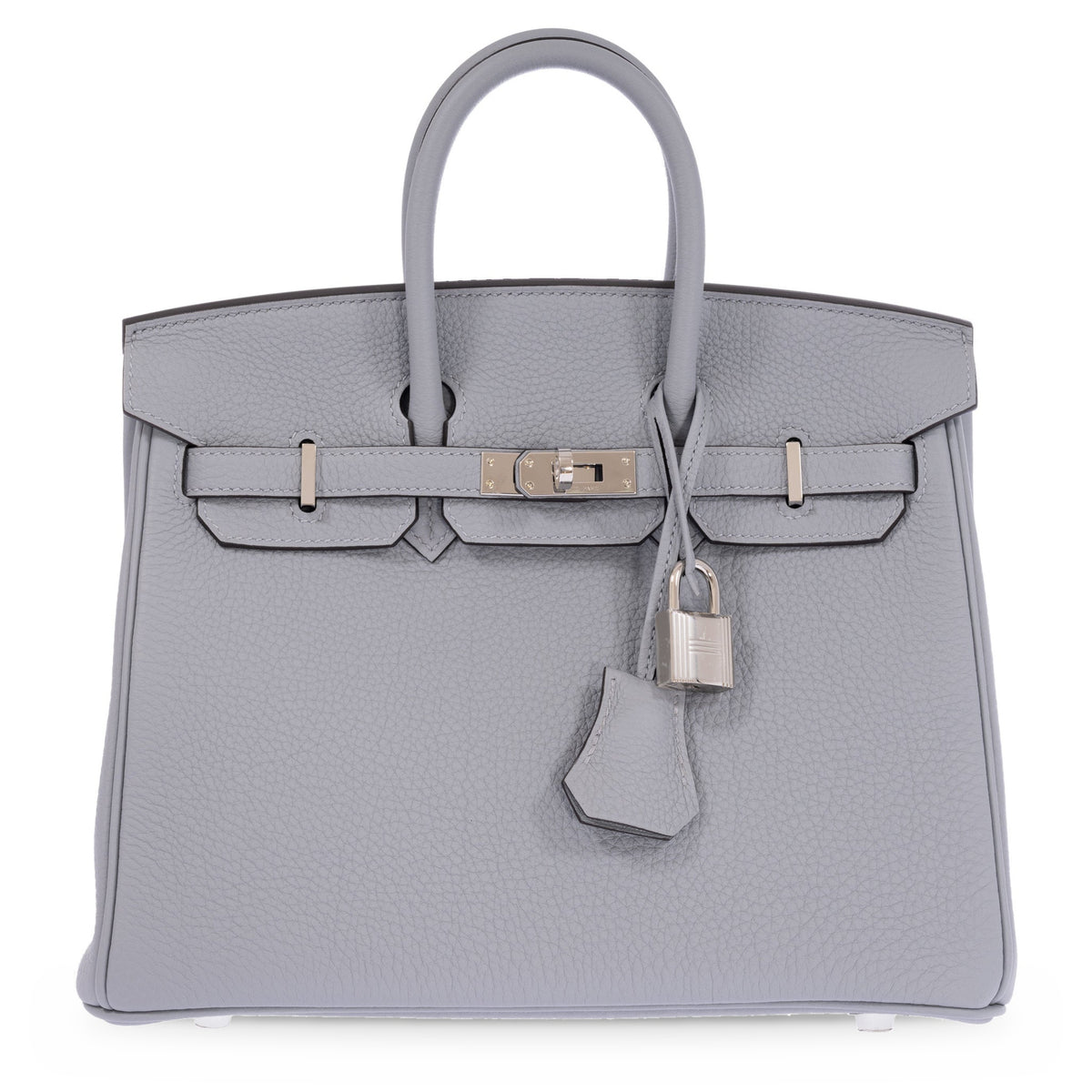 Hermès Birkin 25 Gris Pantin Togo Palladium Hardware, front view, flap closed with straps fastened at the turn-lock, padlock and clochette attached