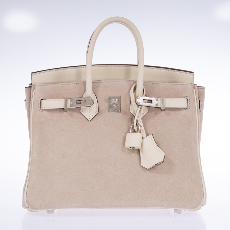 Hermès Birkin 25 Grizzly Glycine Doblis Suede Nata Swift Palladium Hardware, front view with the lock and clochette