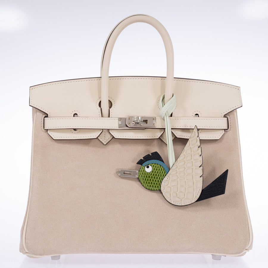 Hermès Birkin 25 Grizzly Glycine Doblis Suede Nata Swift Palladium Hardware, front view styled with an Hermès Birdy charm