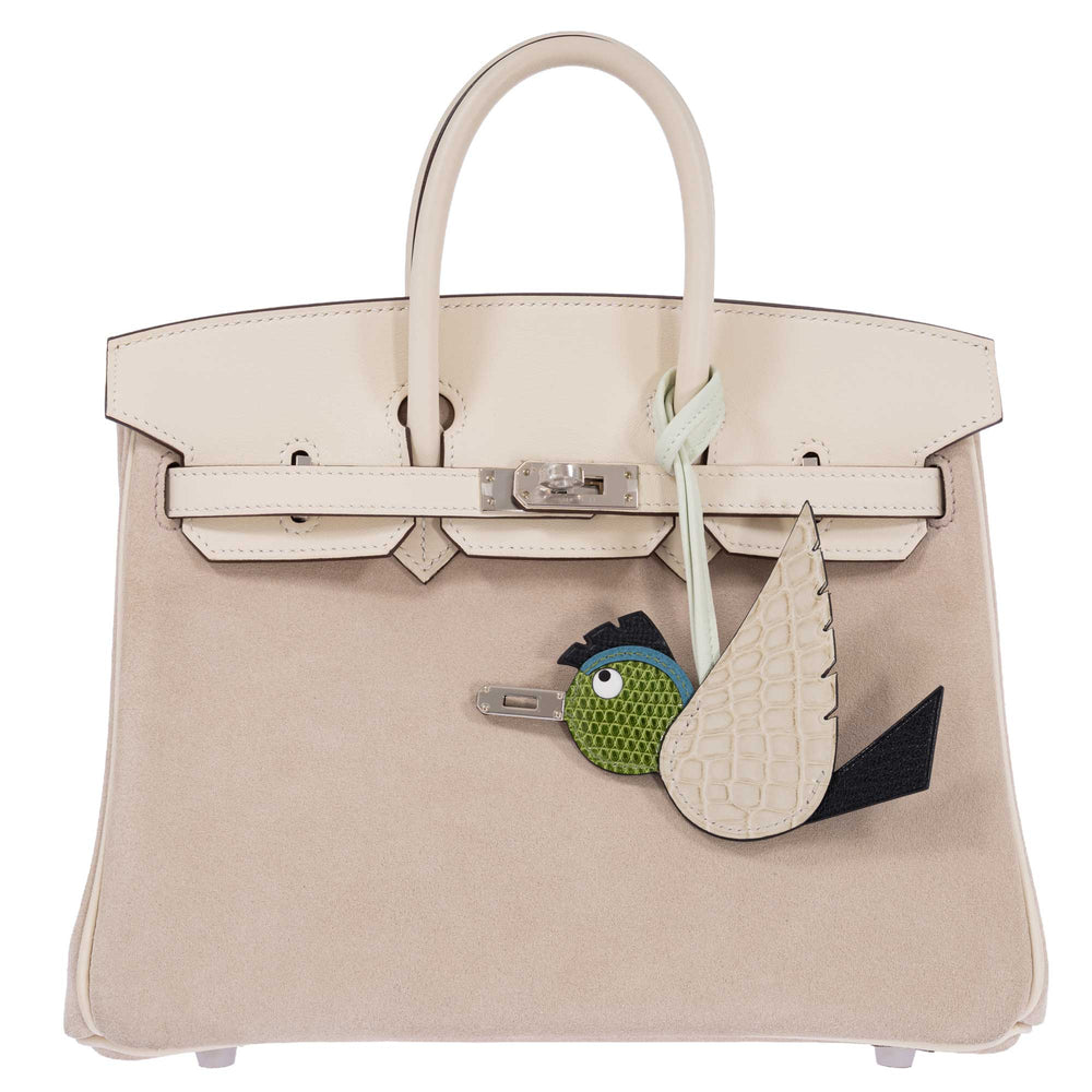Hermès Birkin 25 Grizzly Glycine Doblis Suede Nata Swift Palladium Hardware, front view with an Hermès Birdy charm, sold separately.