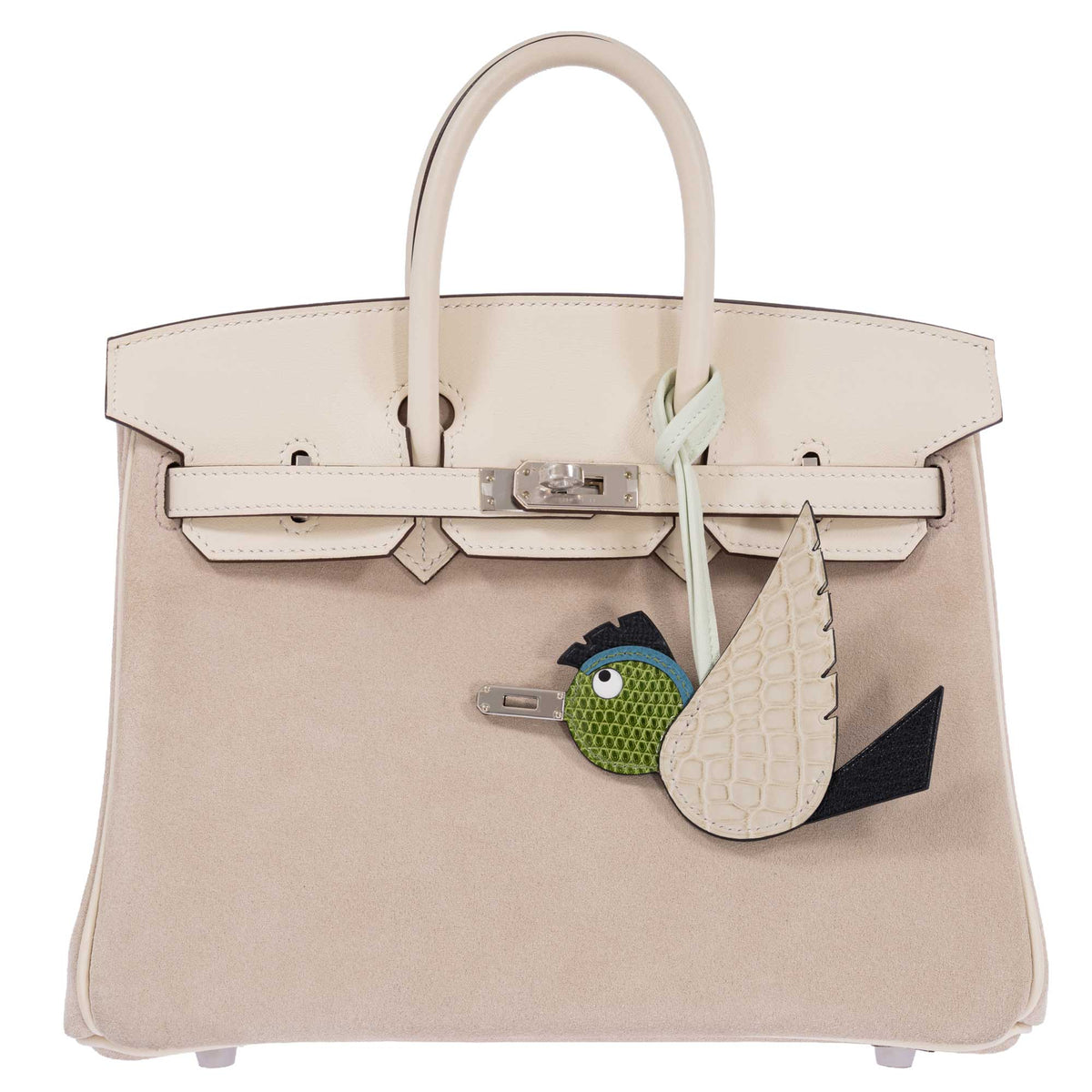 Hermès Birkin 25 Grizzly Glycine Doblis Suede Nata Swift Palladium Hardware, front view with an Hermès Birdy charm, sold separately.