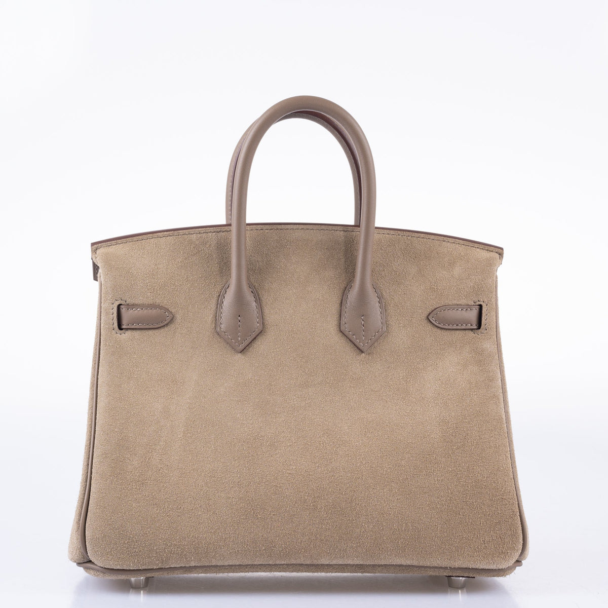 Hermès Birkin 25 Grizzly Gris Caillou and Étoupe Veau Doblis and Swift Palladium Hardware, rear view, close