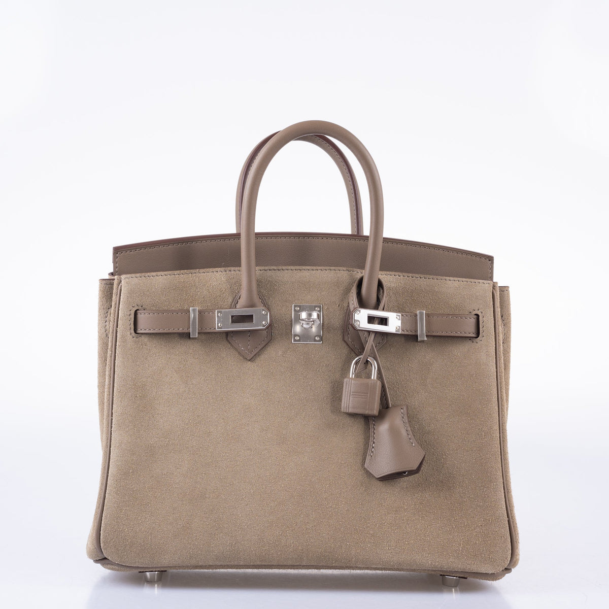 Hermès Birkin 25 Grizzly Gris Caillou and Étoupe Veau Doblis and Swift Palladium Hardware, front view with straps open, lock and clochette