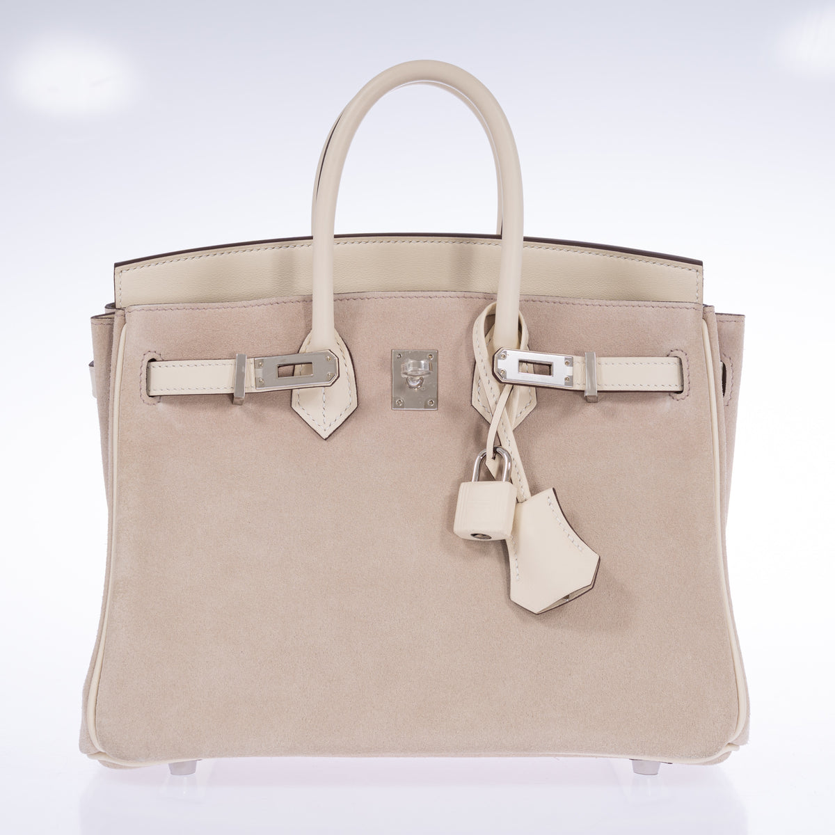 Hermès Birkin 25 Grizzly Nata with palladium hardware, open front view with lock and clochette.
