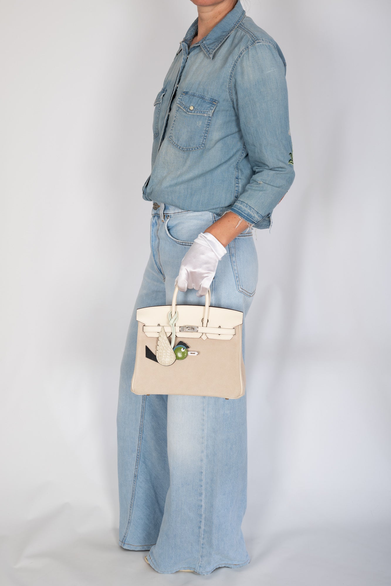 Hermès Birkin 25 Grizzly Nata Doblis Suede and Swift Palladium