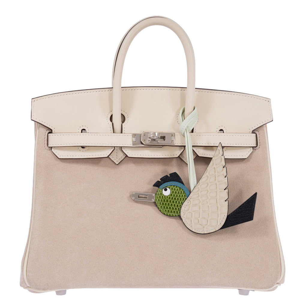 Hermès Birkin 25 Grizzly Nata with palladium hardware, front view with a Béton, Noir and Pelouse Birdy charm, sold separately.