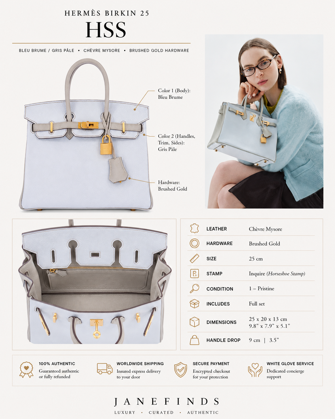 Hermès Birkin 25 HSS Bi-Color Bleu Brume/Gris Pâle Chèvre Brushed Gold Hardware