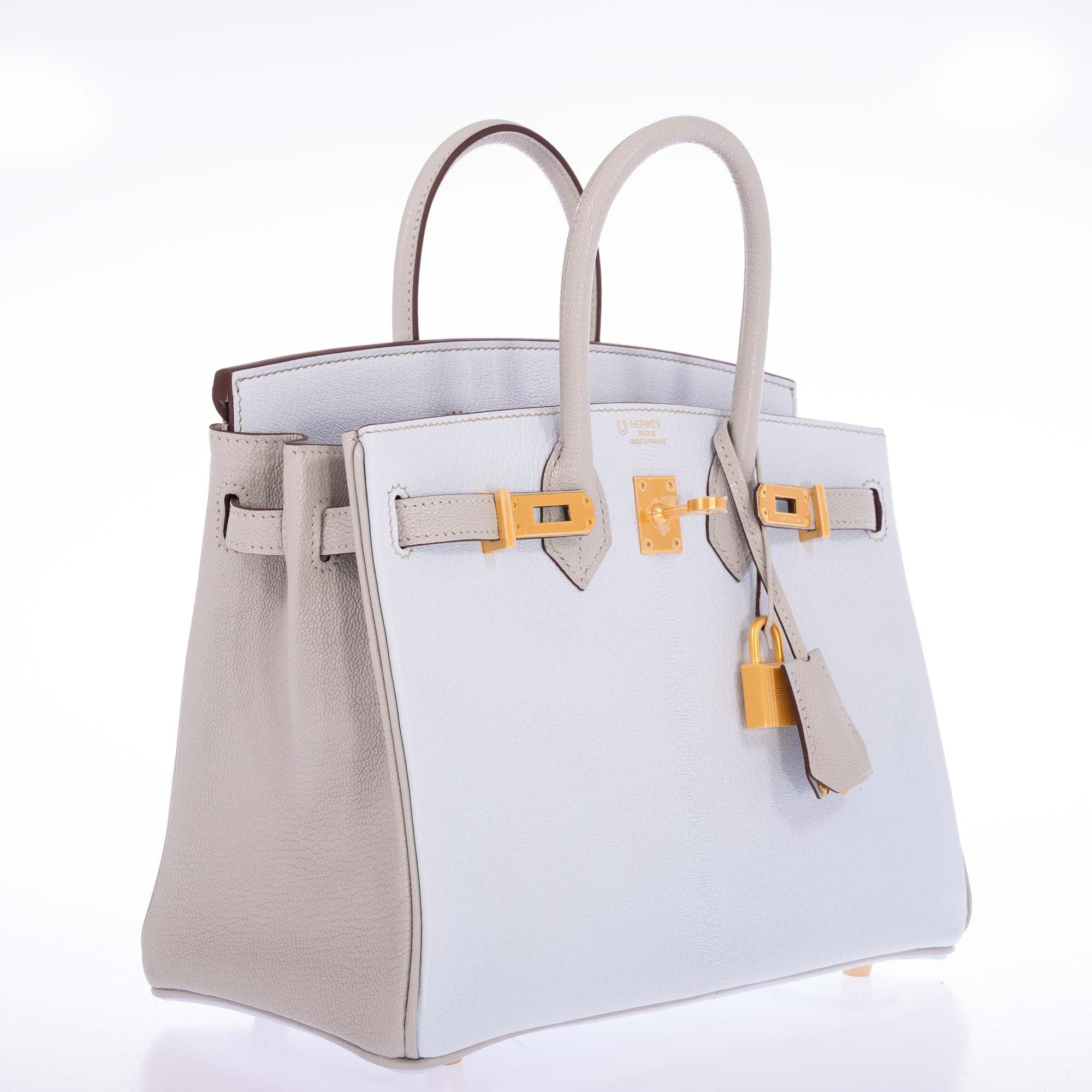 Hermès Birkin 25 HSS Blue Brume and Gris Pale Chèvre with Brushed Gold Hardware