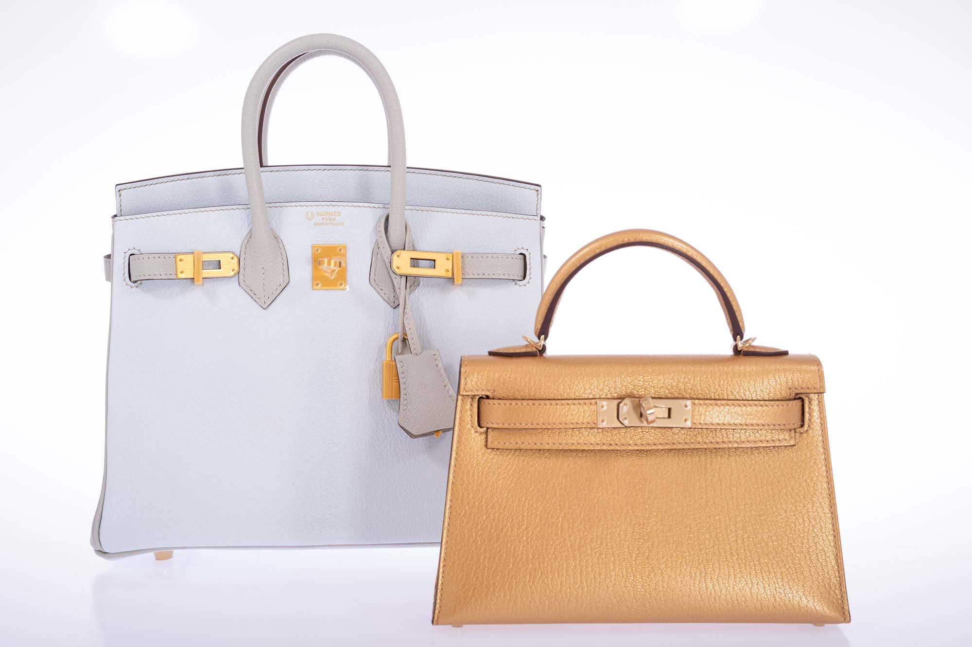 Hermès Birkin 25 HSS Blue Brume and Gris Pale Chèvre with Brushed Gold Hardware